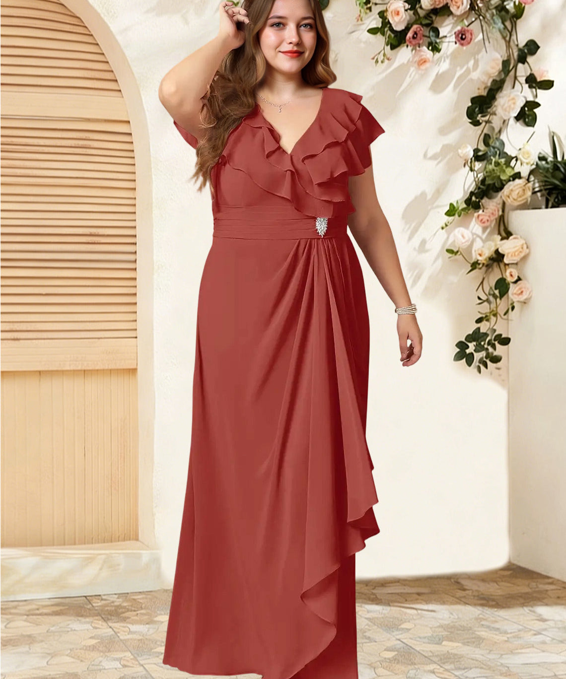 Augday Snapdragon A-Line V-Neck Ruched Chiffon Dress