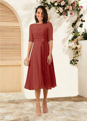 Augday Naomi A-Line Boatneck Pleated Chiffon Dress