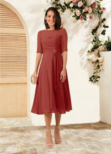 Augday Naomi A-Line Boatneck Pleated Chiffon Dress