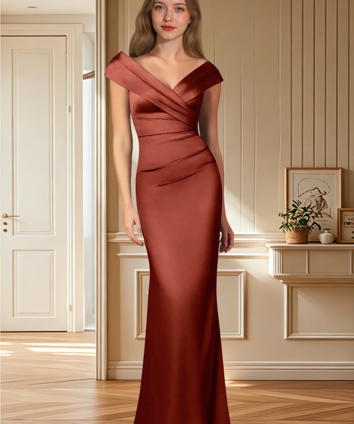 Augday Ludlow Mermaid Pleated Stretch Satin Dress