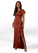 Augday Roya Mermaid V-Neck Pleated Stretch Satin Dress