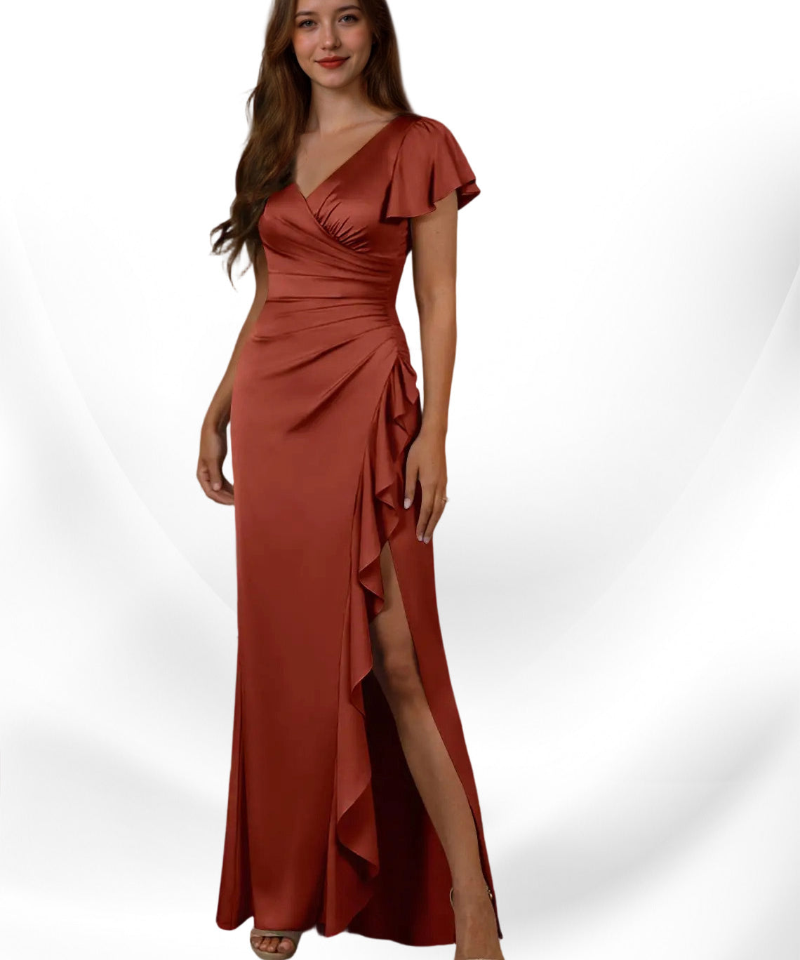 Augday Roya Mermaid V-Neck Pleated Stretch Satin