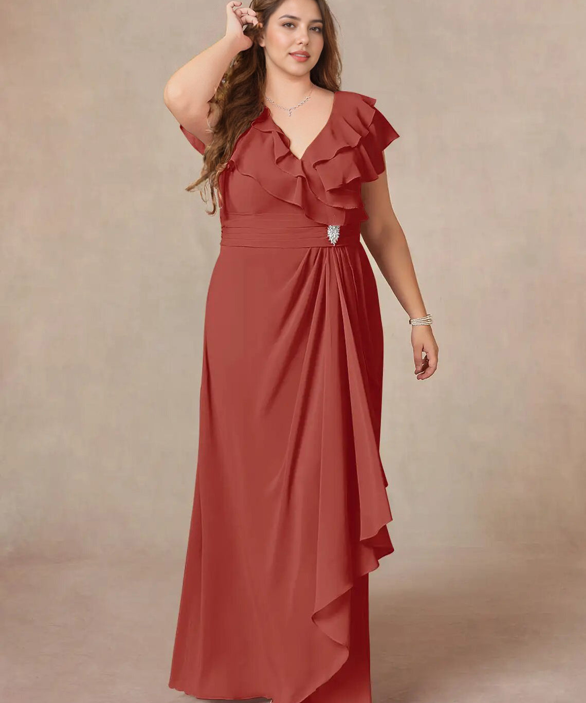 Augday A-Line V-Neck Ruched Chiffon Dress Plus Size