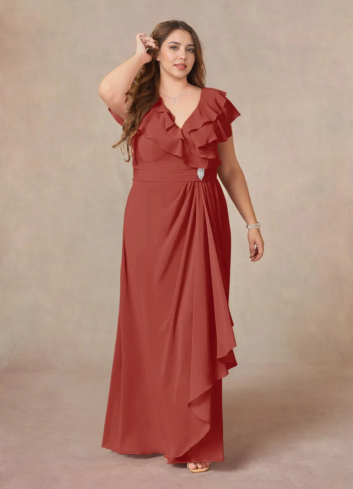 Augday A-Line V-Neck Ruched Chiffon Dress Plus Size