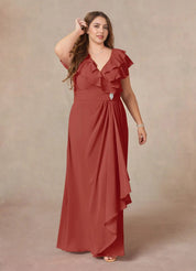 Augday A-Line V-Neck Ruched Chiffon Dress Plus Size