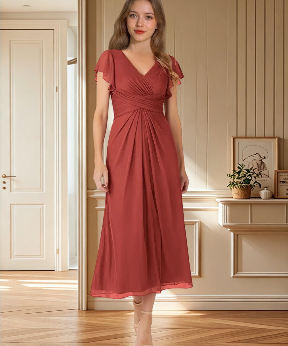 Augday Vera A-Line V-Neck Pleated Mesh Dress