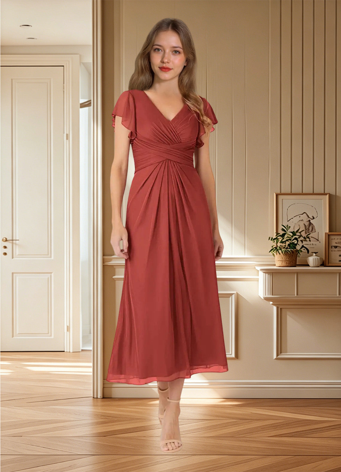 Augday Vera A-Line V-Neck Pleated Mesh Dress