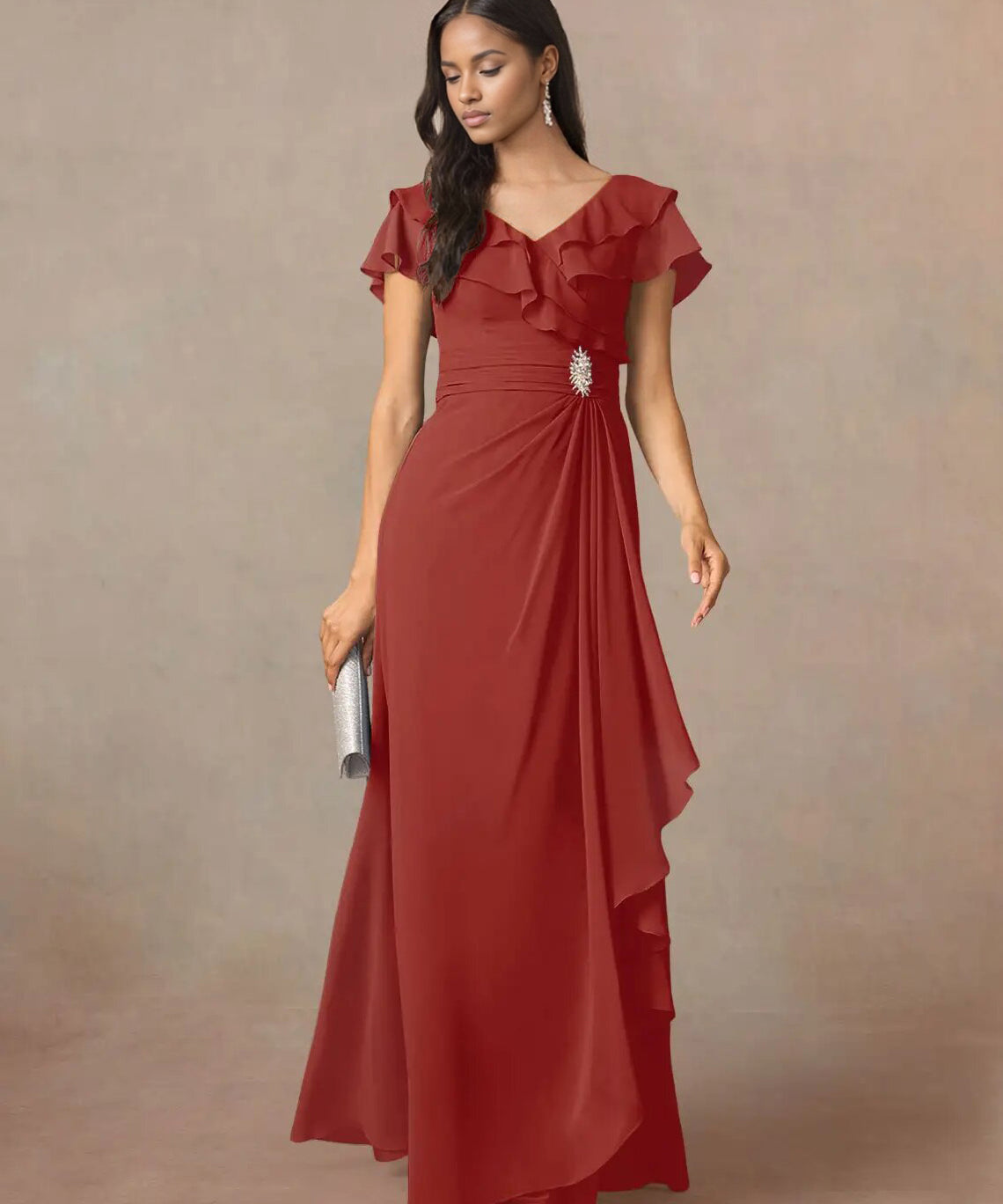 Augday A-Line V-Neck Ruched Chiffon Dress