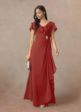 Augday A-Line V-Neck Ruched Chiffon Dress