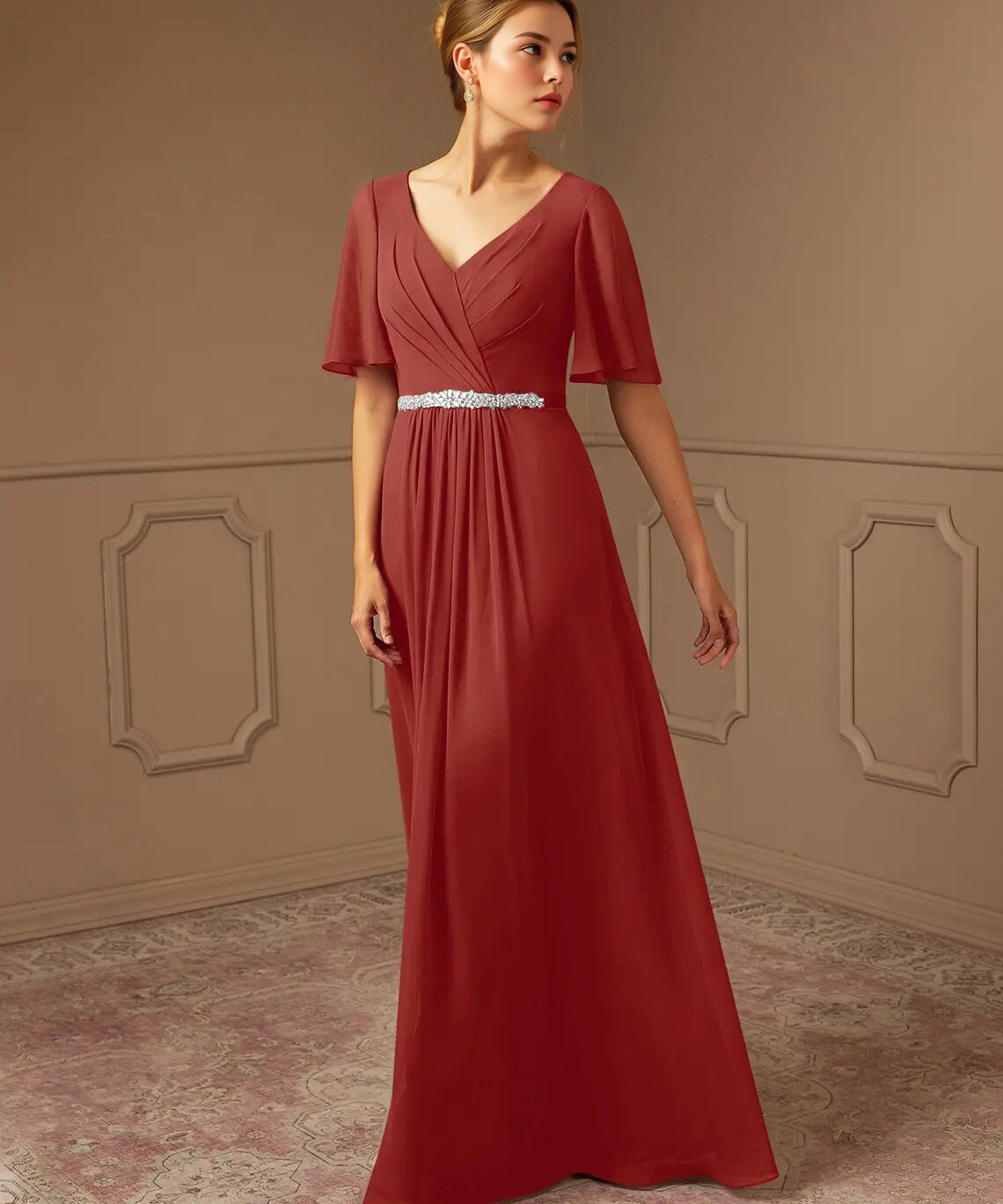 Augday A-Line V-Neck Pleated Chiffon Dress