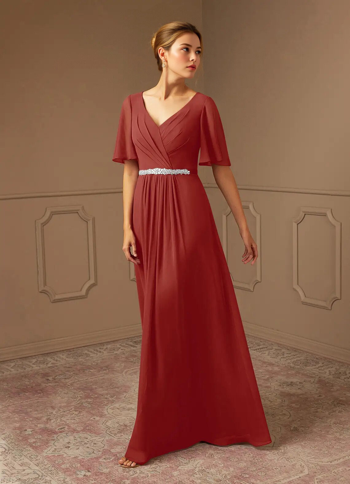 Augday A-Line V-Neck Pleated Chiffon Dress