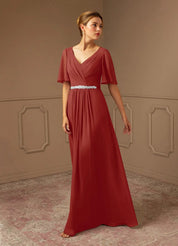 Augday A-Line V-Neck Pleated Chiffon Dress