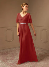 Augday A-Line V-Neck Pleated Chiffon Dress