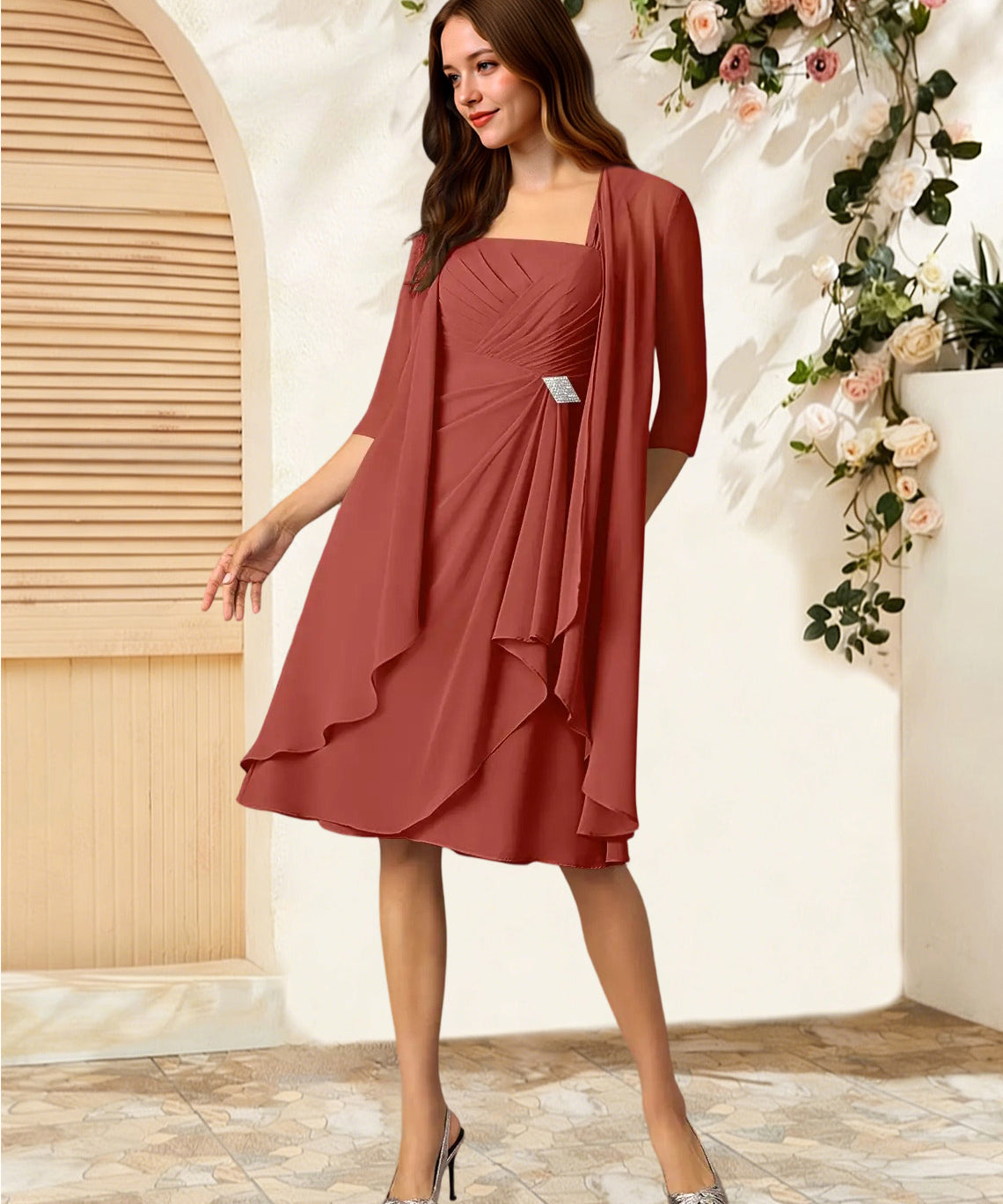 Augday Olivia A-Line Square Neckline Pleated Chiffon Dress