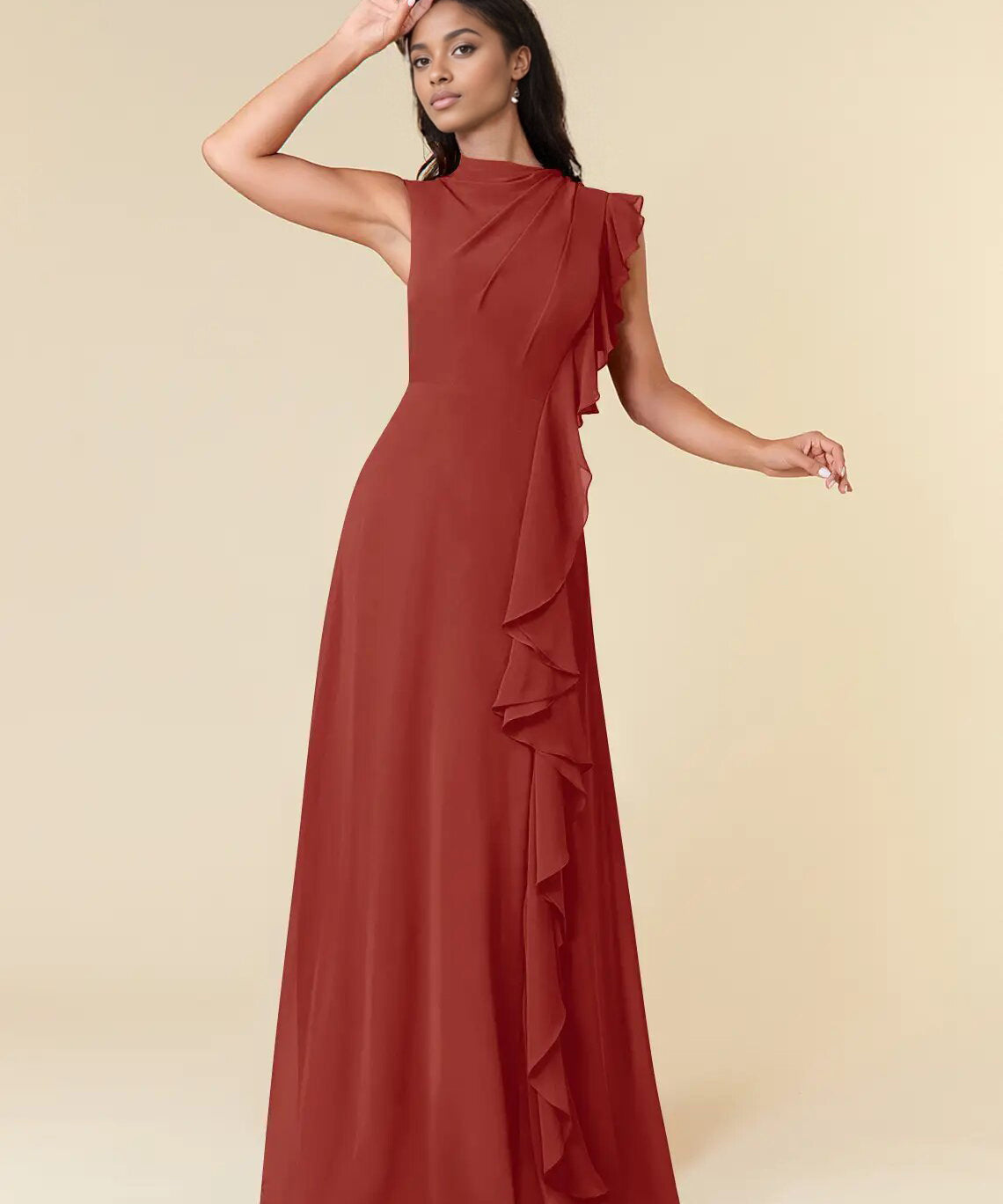 Augday A-Line High Neckline Pleated Chiffon Dress