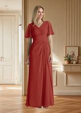Augday Morning Glory A-Line V-Neck Ruched Chiffon Dress