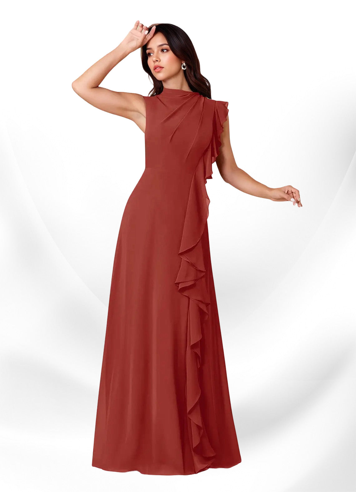Augday Narine A-Line High Neckline Pleated Chiffon Dress