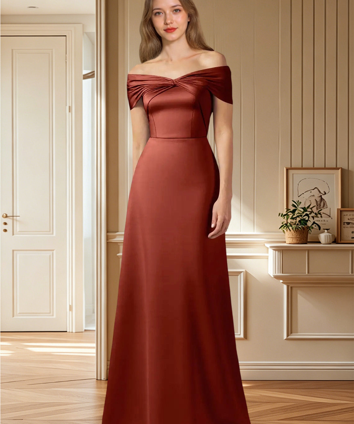 Augday Amelia A-Line Off the Shoulder Stretch Satin Dress