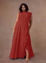 Augday A-Line High Neckline Pleated Chiffon Dress Plus Size