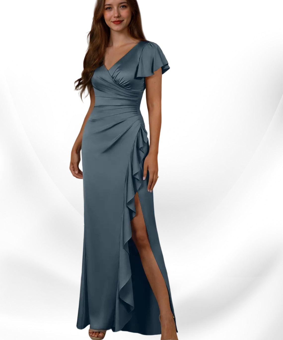 Augday Roya Mermaid V-Neck Pleated Stretch Satin