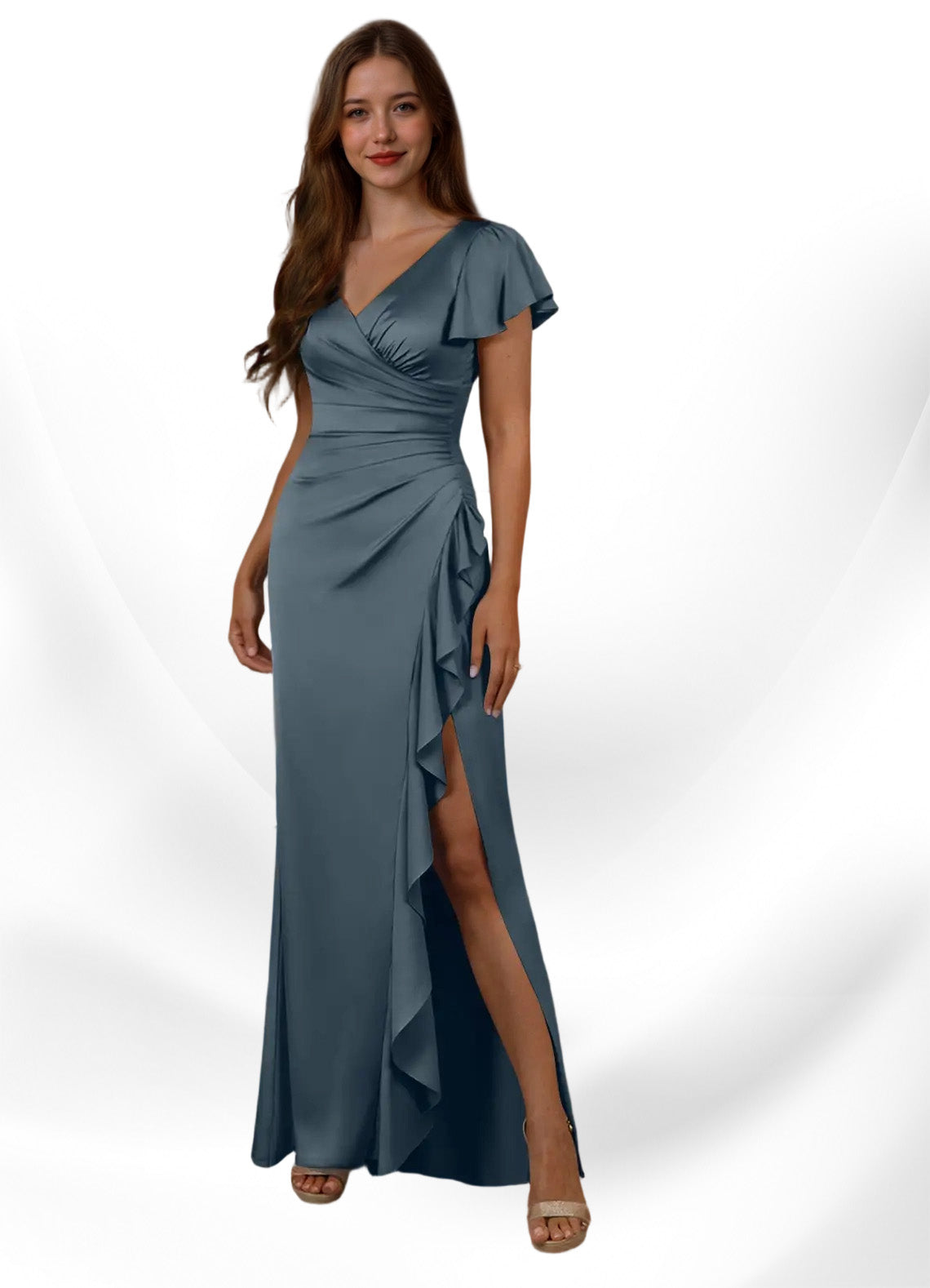 Augday Roya Mermaid V-Neck Pleated Stretch Satin