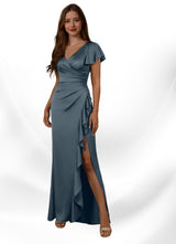 Augday Roya Mermaid V-Neck Pleated Stretch Satin