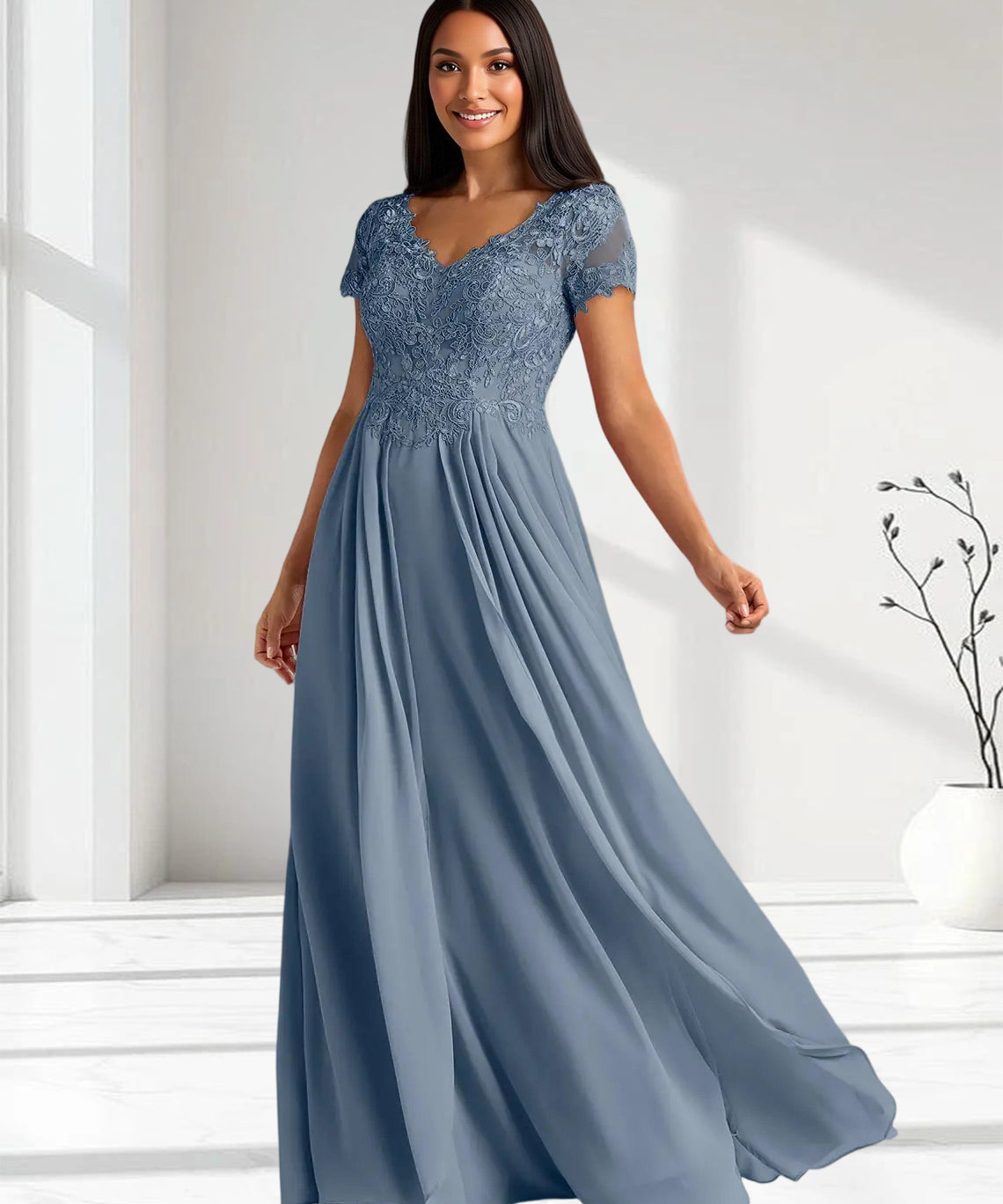 Augday Dunja A-Line V-Neck Lace Chiffon Dress