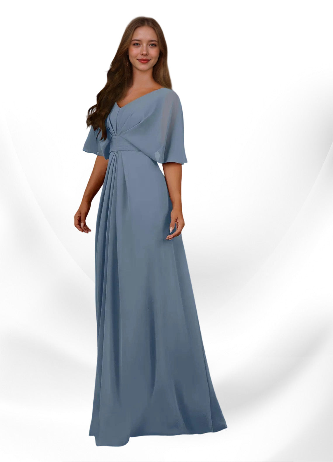 Augday Oksana A-Line V-Neck Pleated Chiffon Dress