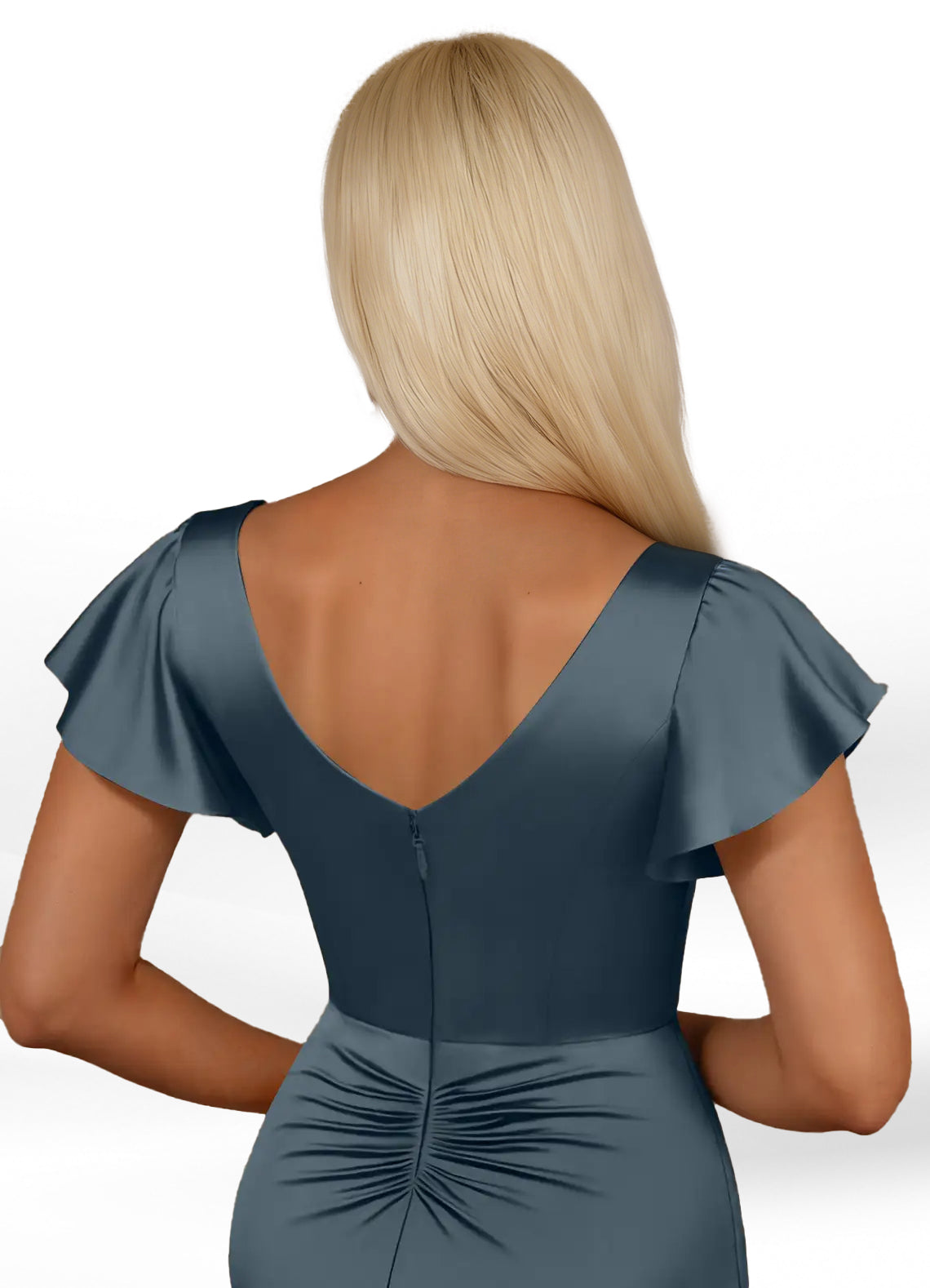 Augday Roya Mermaid V-Neck Pleated Stretch Satin Dress