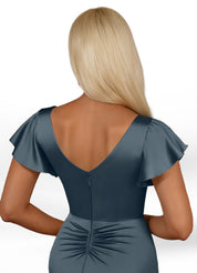 Augday Roya Mermaid V-Neck Pleated Stretch Satin Dress