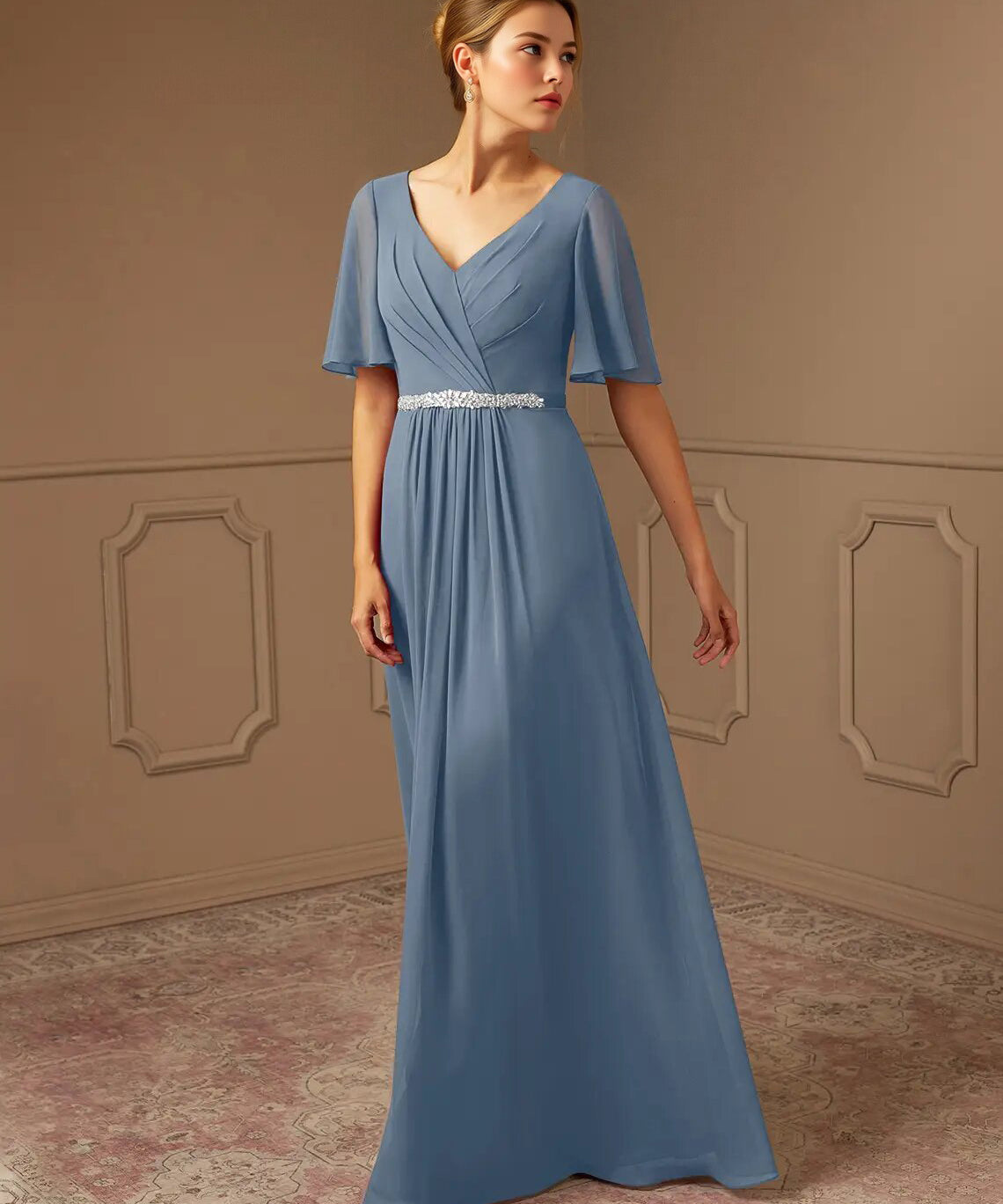 Augday A-Line V-Neck Pleated Chiffon Dress
