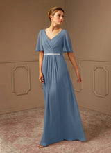 Augday A-Line V-Neck Pleated Chiffon Dress
