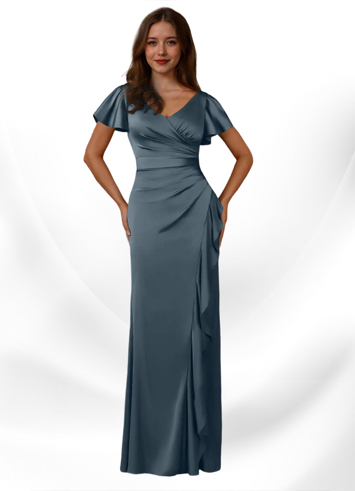 Augday Roya Mermaid V-Neck Pleated Stretch Satin
