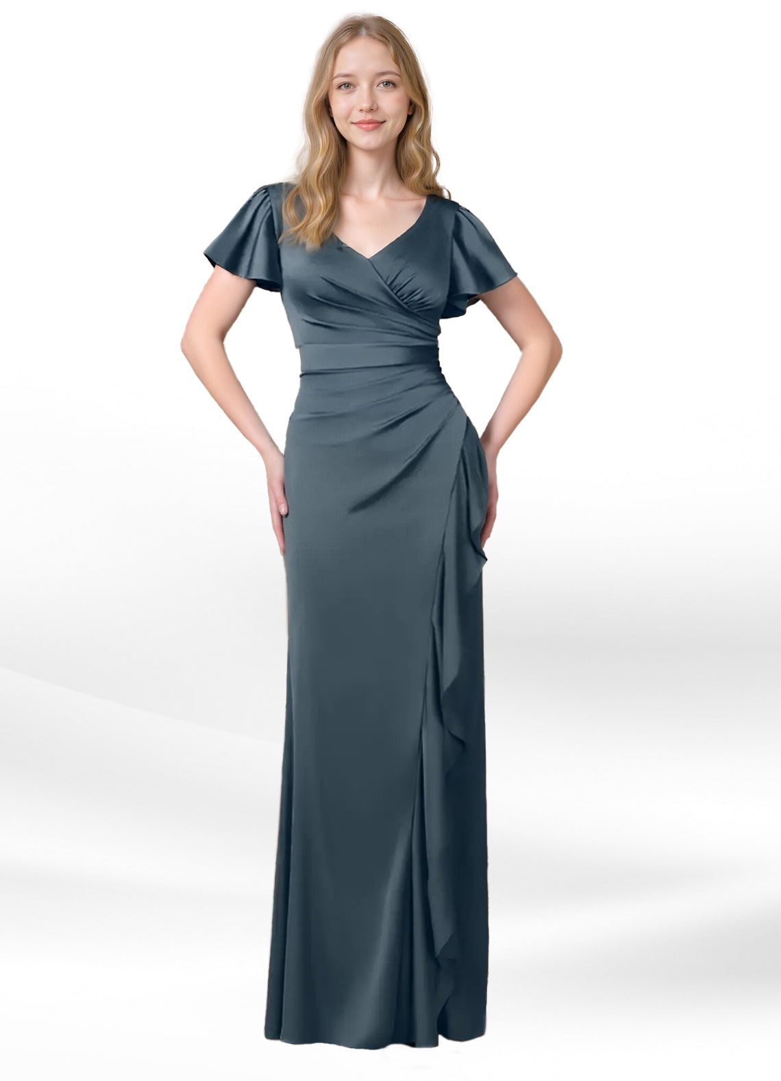 Augday Roya Mermaid V-Neck Pleated Stretch Satin Dress