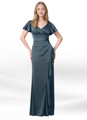 Augday Roya Mermaid V-Neck Pleated Stretch Satin Dress