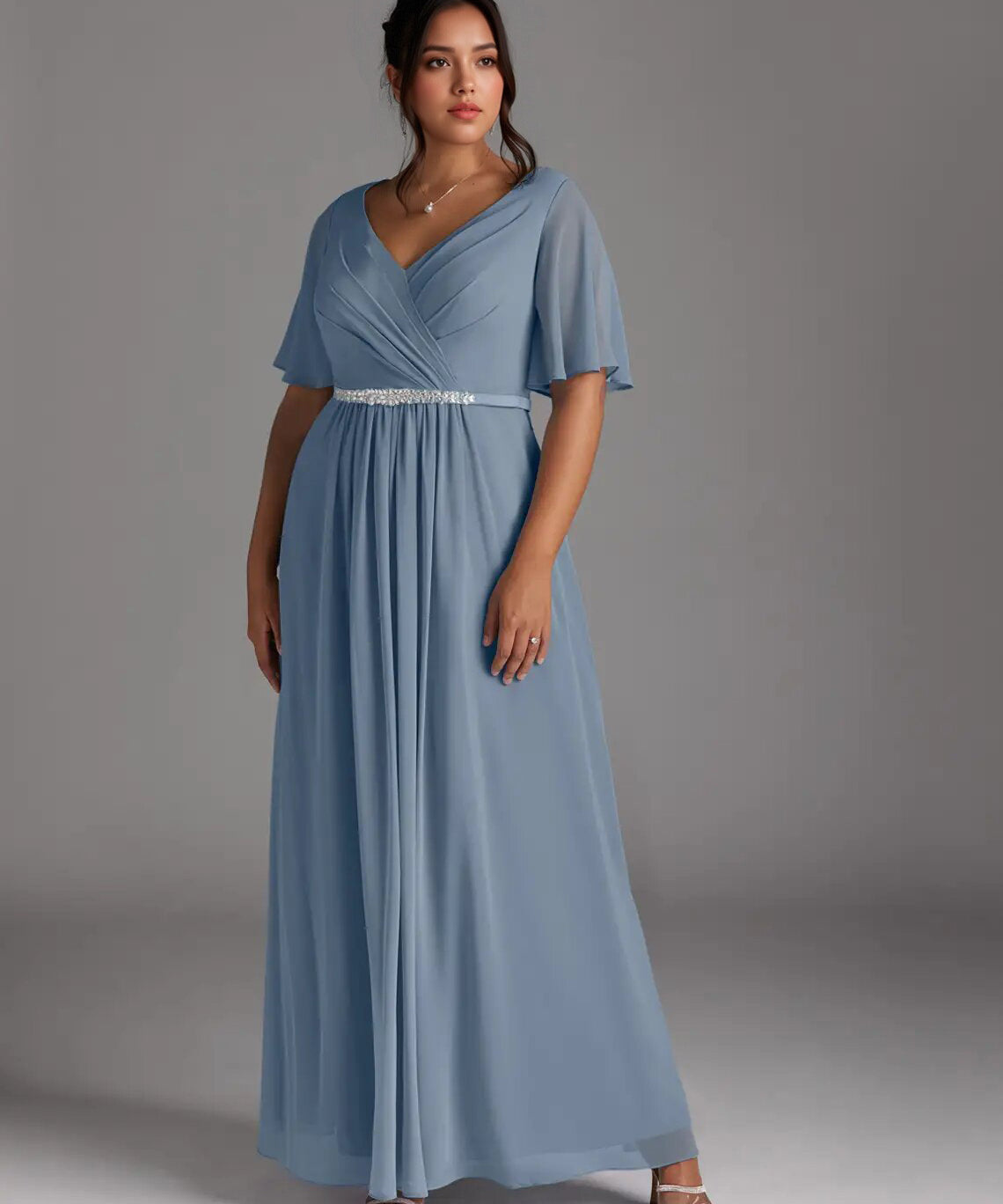 Augday A-Line V-Neck Pleated Chiffon Dress Plus Size