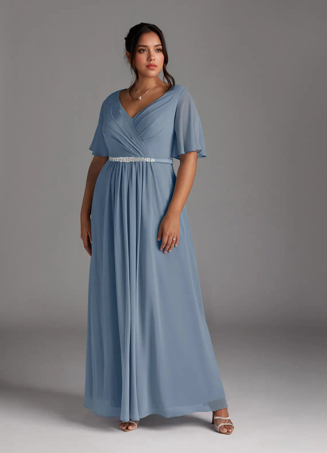 Augday A-Line V-Neck Pleated Chiffon Dress Plus Size