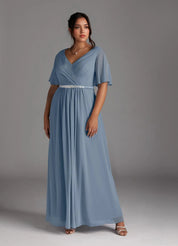 Augday A-Line V-Neck Pleated Chiffon Dress Plus Size