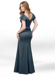 Augday Roya Mermaid V-Neck Pleated Stretch Satin Dress