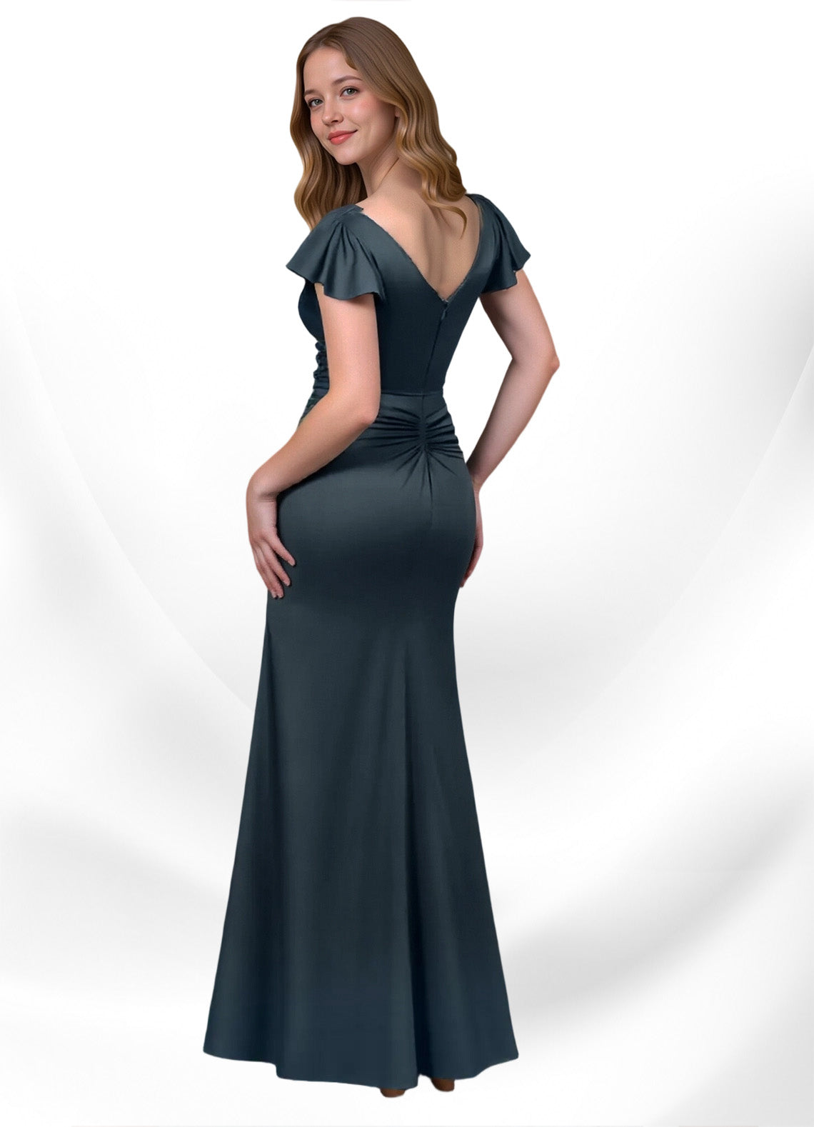 Augday Roya Mermaid V-Neck Pleated Stretch Satin