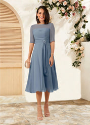 Augday Naomi A-Line Boatneck Pleated Chiffon Dress