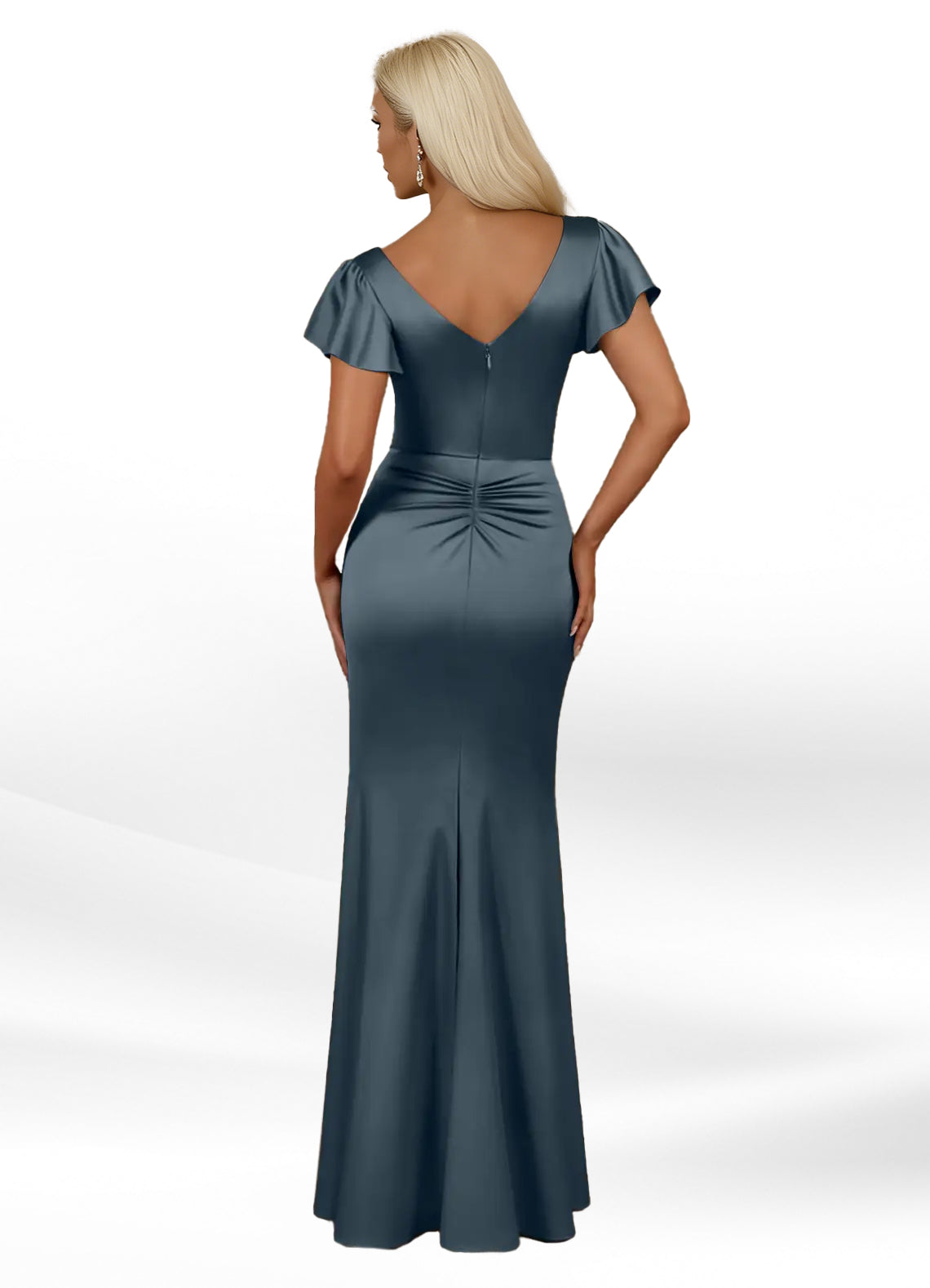 Augday Roya Mermaid V-Neck Pleated Stretch Satin Dress