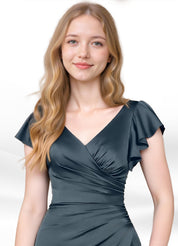 Augday Roya Mermaid V-Neck Pleated Stretch Satin Dress
