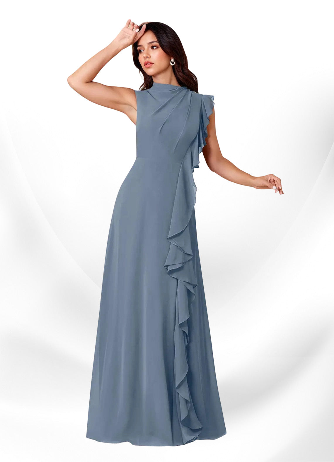 Augday Narine A-Line High Neckline Pleated Chiffon Dress