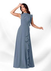 Augday Narine A-Line High Neckline Pleated Chiffon Dress
