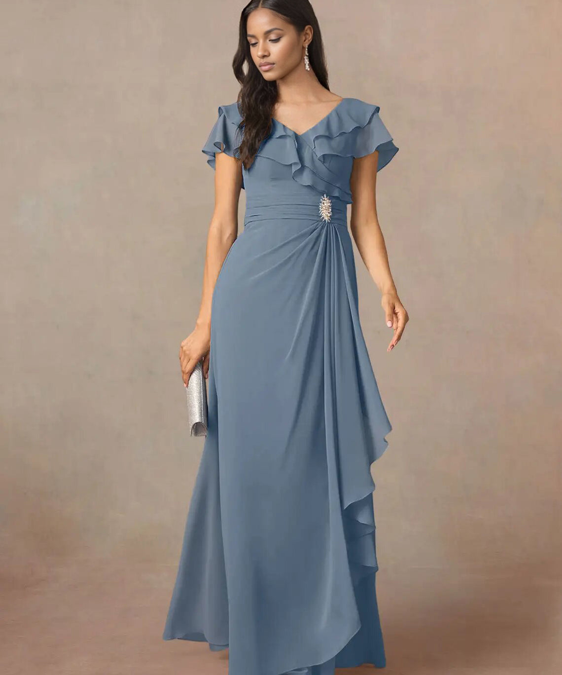Augday A-Line V-Neck Ruched Chiffon Dress