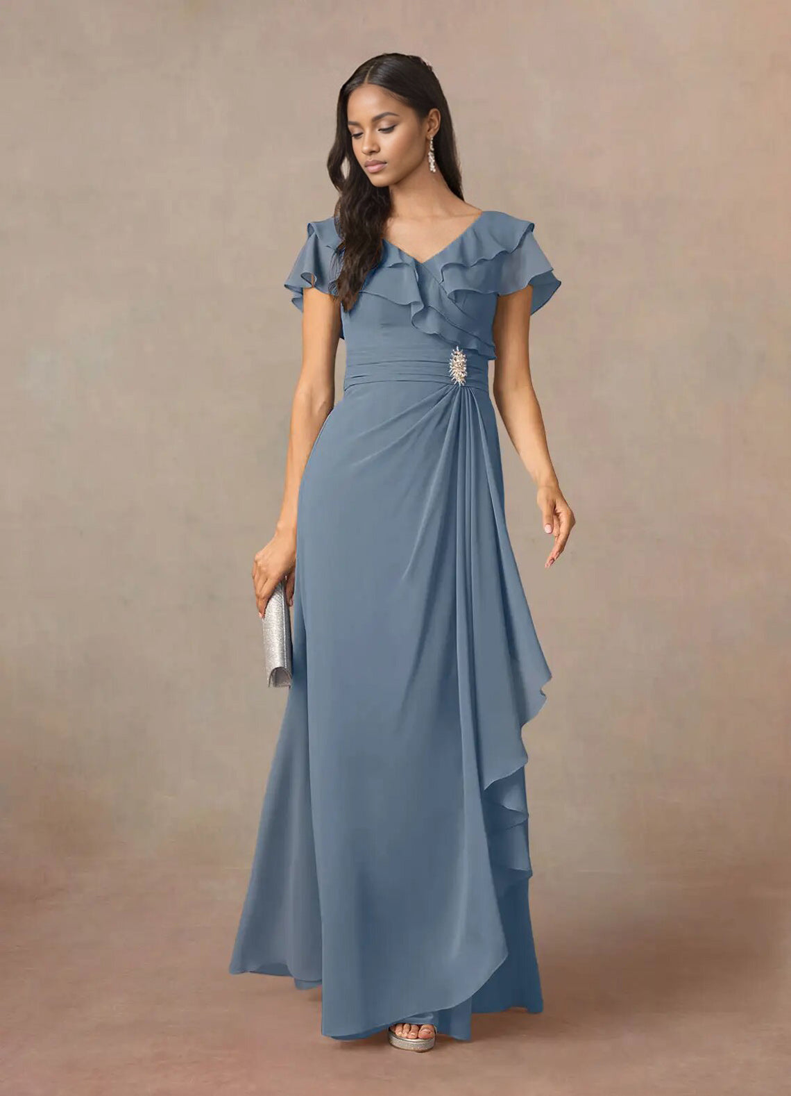 Augday A-Line V-Neck Ruched Chiffon Dress