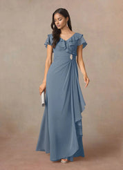Augday A-Line V-Neck Ruched Chiffon Dress