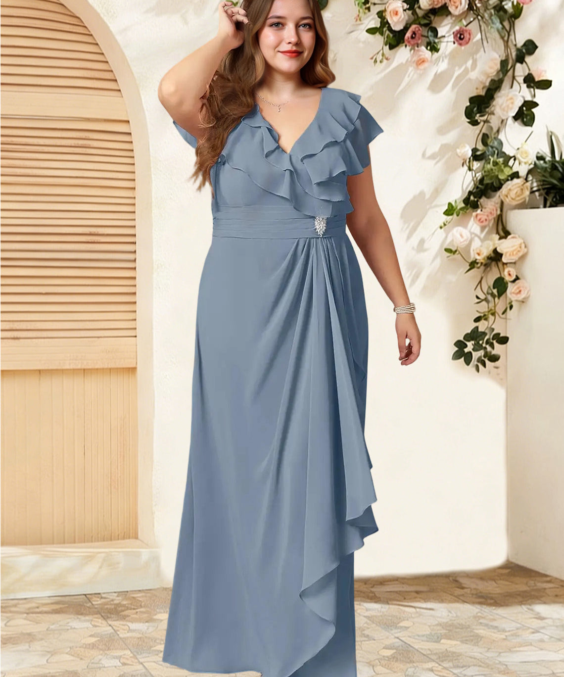 Augday Snapdragon A-Line V-Neck Ruched Chiffon Dress