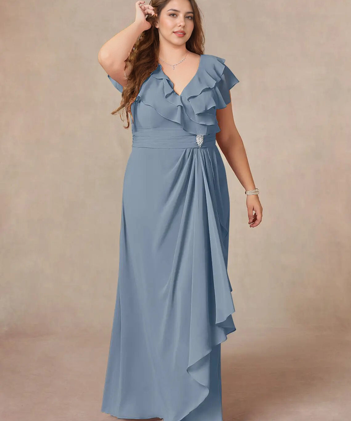 Augday A-Line V-Neck Ruched Chiffon Dress Plus Size